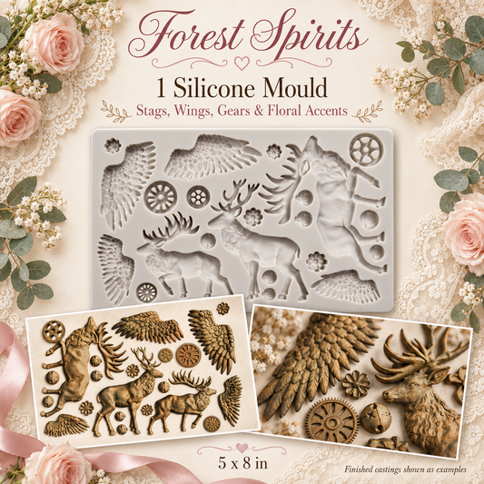 Finnabair Forest Spirits silicone mould with deer, feathered wings, gears and examples of finished castings