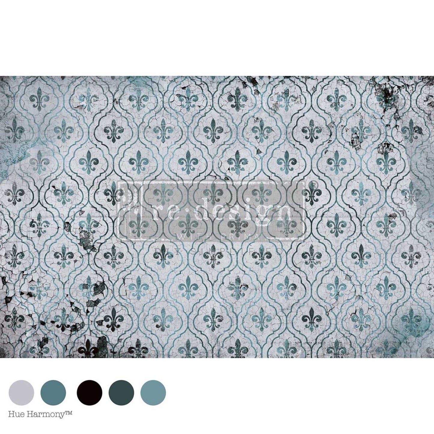 Fossilized Versailles decoupage fiber paper featuring distressed fleur-de-lis motifs, aged French tile patterns, and weathered aqua, gray, charcoal, and cream tones.