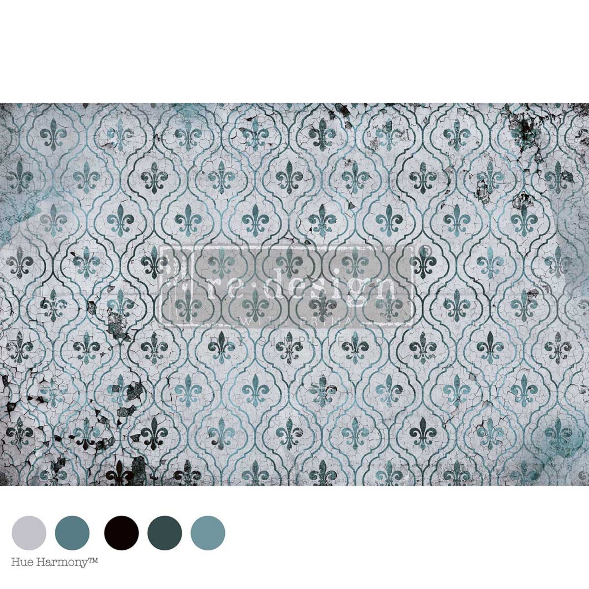 Fossilized Versailles decoupage fiber paper featuring distressed fleur-de-lis motifs, aged French tile patterns, and weathered aqua, gray, charcoal, and cream tones.