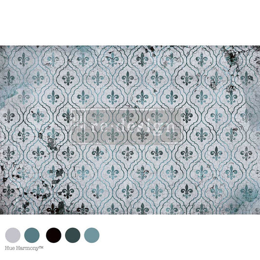 Fossilized Versailles decoupage fiber paper featuring distressed fleur-de-lis motifs, aged French tile patterns, and weathered aqua, gray, charcoal, and cream tones.