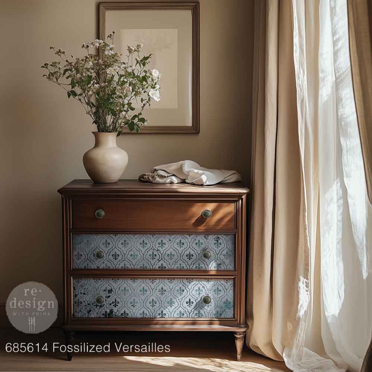 Fossilized Versailles decoupage fiber applied to a brown wood dresser, featuring distressed fleur-de-lis motifs, aged French tile patterns, and weathered aqua, gray, charcoal, and cream tones.