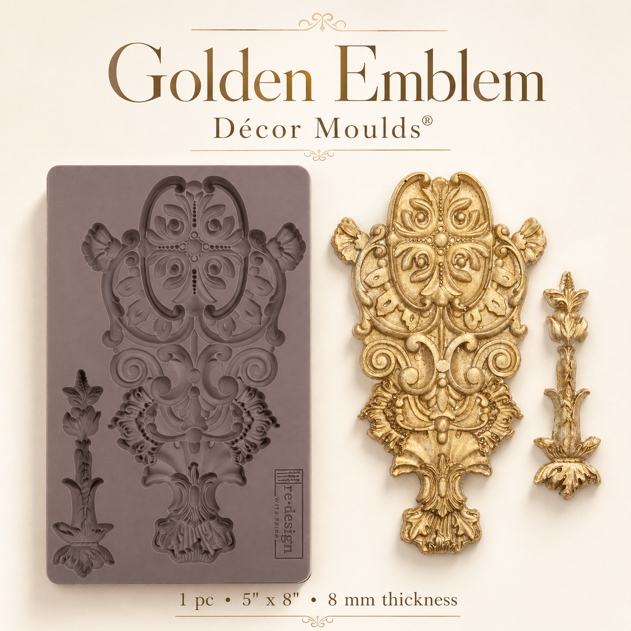 Golden Emblem Decor Mould featuring an ornate raised emblem design with scrollwork, floral details, and coordinating accent piece.