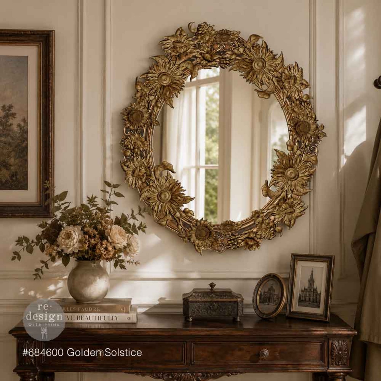 Round mirror framed with layered Golden Solstice sunflower castings finished in antique gold.