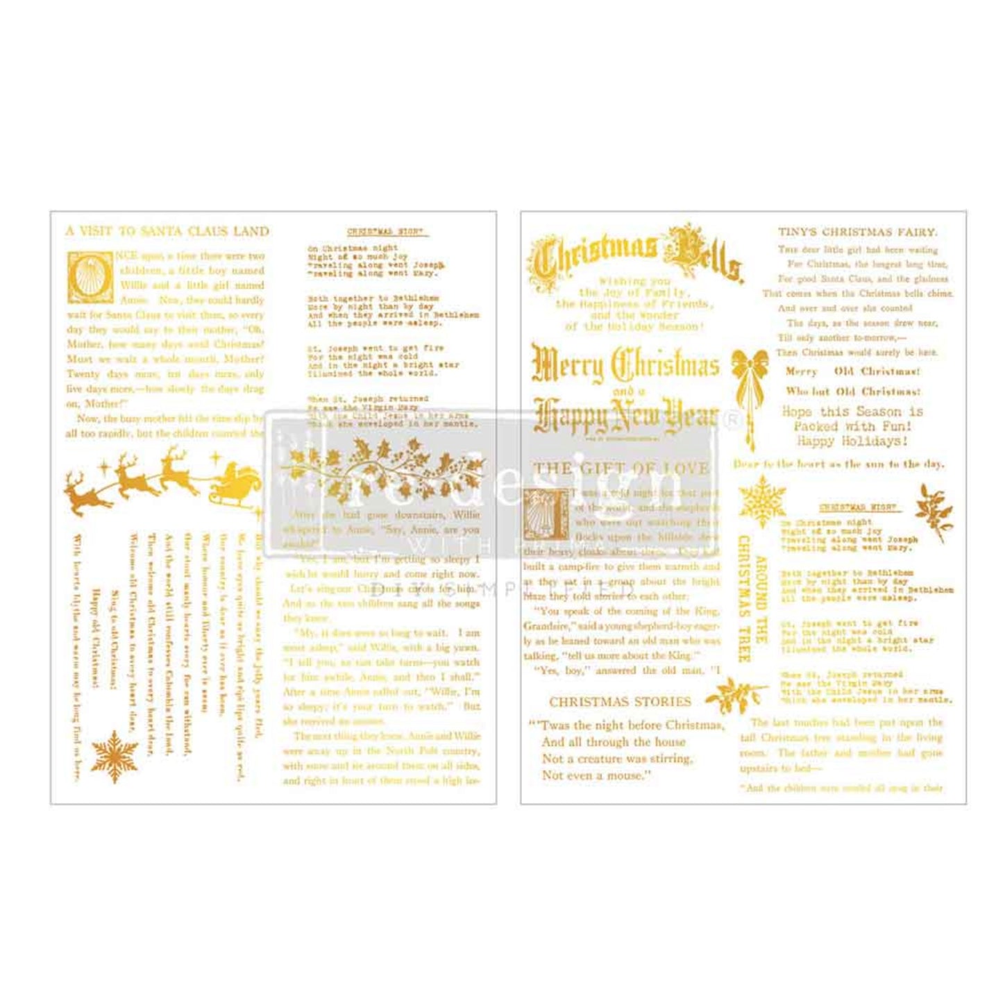 Golden Tidings Middy Foil Transfer by Kacha featuring gold Christmas stories, greetings, holiday lettering, snowflakes, and festive accents