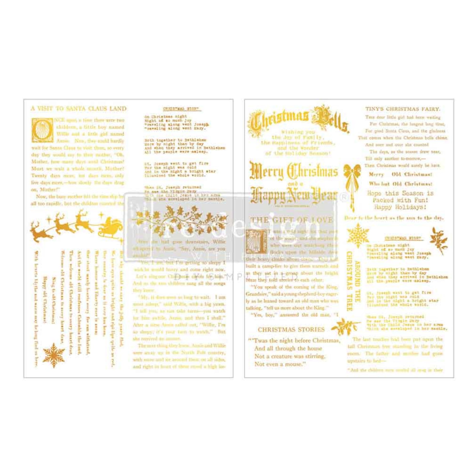 Golden Tidings Middy Foil Transfer by Kacha featuring gold Christmas stories, greetings, holiday lettering, snowflakes, and festive accents