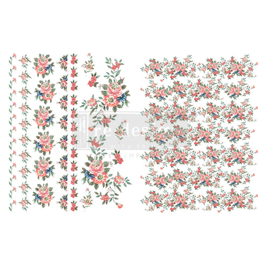 Gorgeous Flora H2O transfer sheets featuring assorted vintage-style floral bouquets, sprigs, borders, and repeating flower designs.