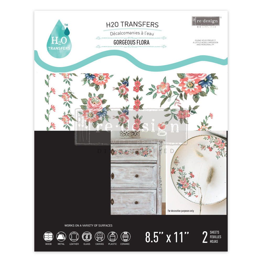 Front packaging for Gorgeous Flora H2O Transfers showing floral designs, finished project examples, two 8.5″ x 11″ sheets, and compatible surfaces.