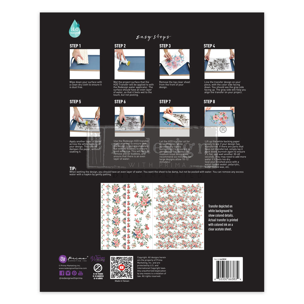 Back of Gorgeous Flora H2O Transfers packaging with step-by-step application instructions and images of both floral sheets.