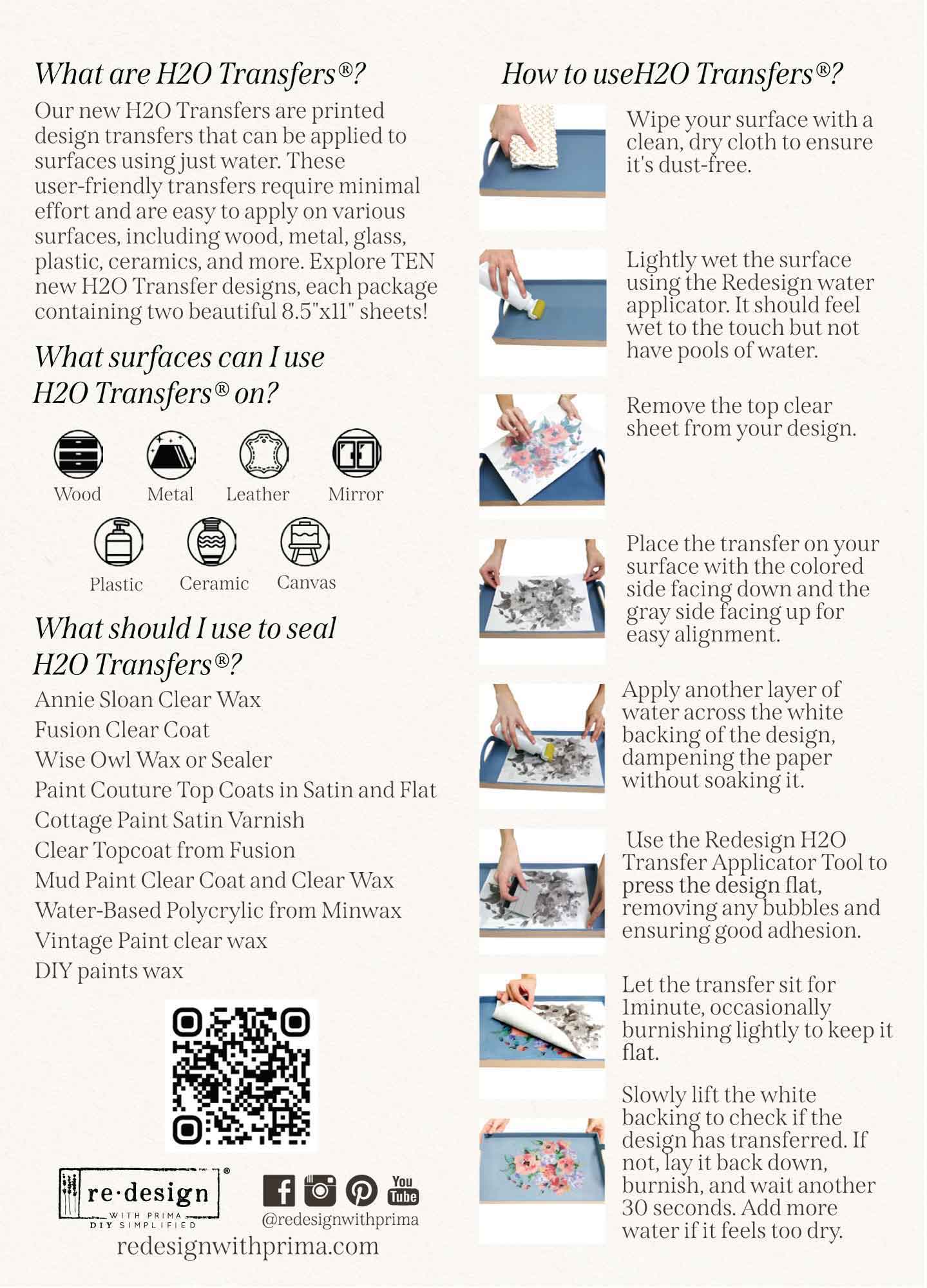 H2O Transfers application guide showing compatible surfaces, recommended sealers, and illustrated water-transfer instructions.