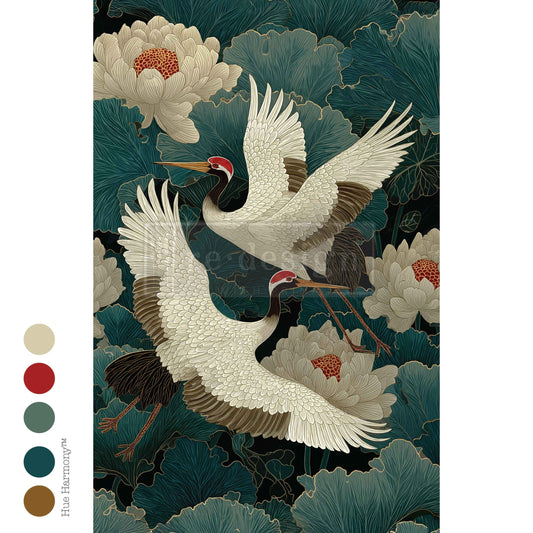 Grace In Flight Decoupage Décor Tissue Paper with white cranes, teal lotus leaves, and cream flowers