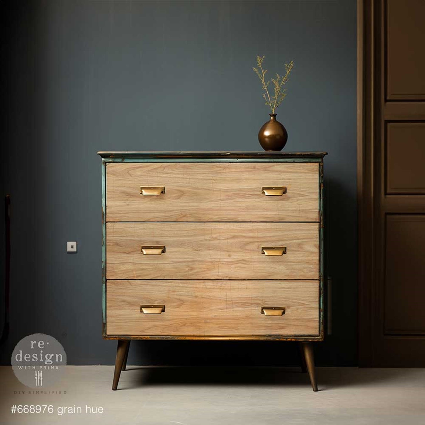 Grain Hue decoupage fiber paper applied across a three-drawer dresser, creating a realistic light wood-grain finish with brass hardware.