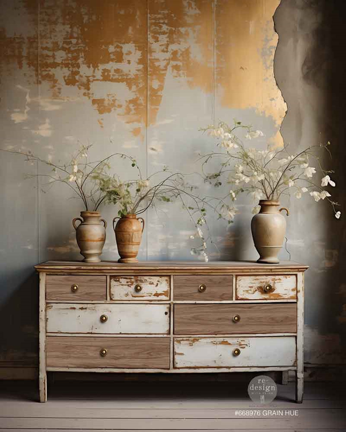 Vintage dresser makeover featuring Grain Hue decoupage fiber paper on selected drawer fronts, paired with distressed cream paint and antique brass knobs.
