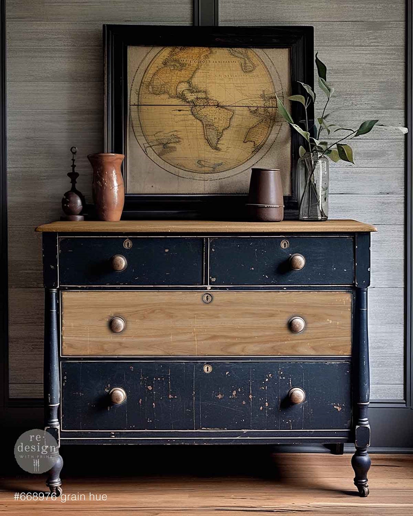 Vintage black dresser featuring Grain Hue decoupage fiber paper on a large center drawer, paired with distressed black paint and round antique-style knobs.