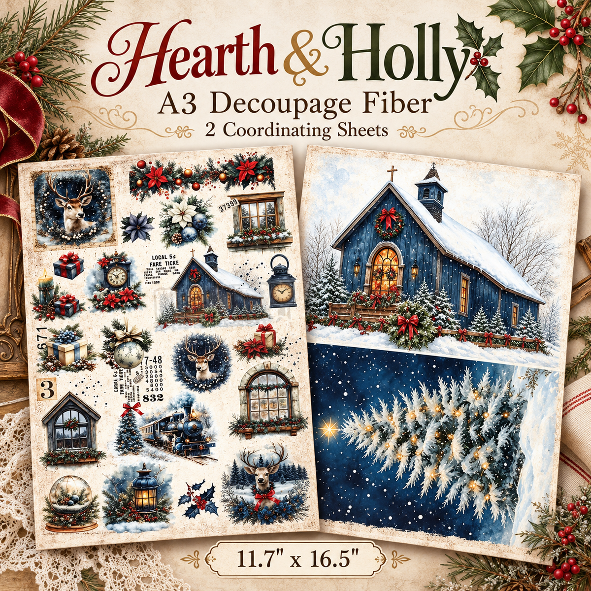 A3 Decoupage Fiber Pack – Hearth & Holly – 2 Sheets, 11.7″ x 16.5″