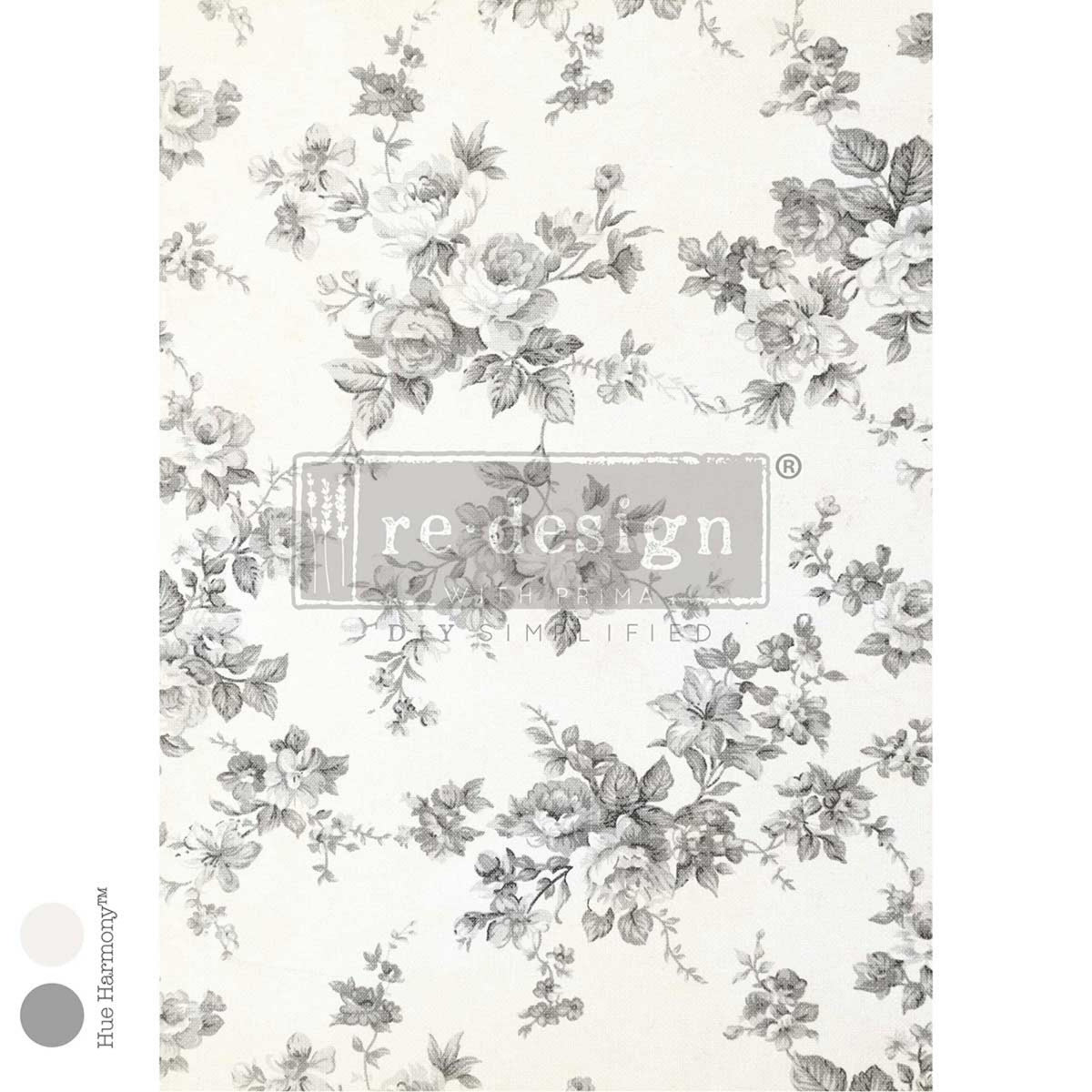 Heirloom Toile A3 decoupage fiber paper by ReDesign With Prima featuring vintage gray roses and delicate botanical flowers on an ivory background, 11.7 x 16.5 inches.