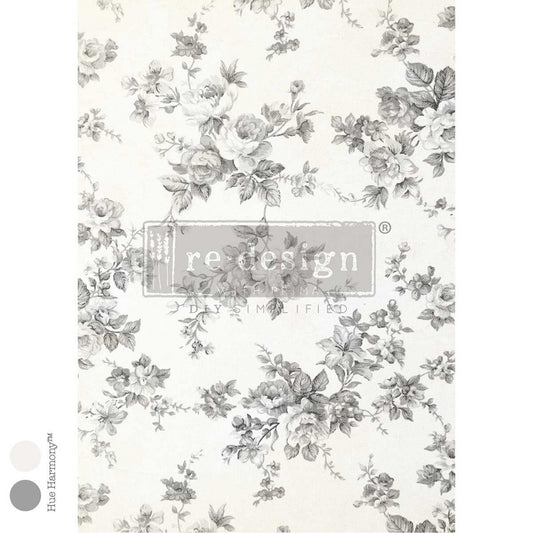 Heirloom Toile A3 decoupage fiber paper by ReDesign With Prima featuring vintage gray roses and delicate botanical flowers on an ivory background, 11.7 x 16.5 inches.