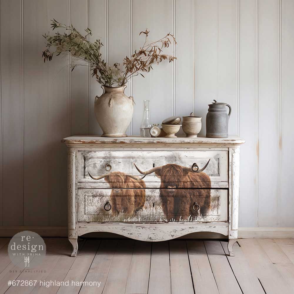 Highland Harmony Highland Cow A1 Decoupage Fiber - Redesign Decor Tissue Paper ~ Decoupage Paper for Furniture 23.4" x 33.1″