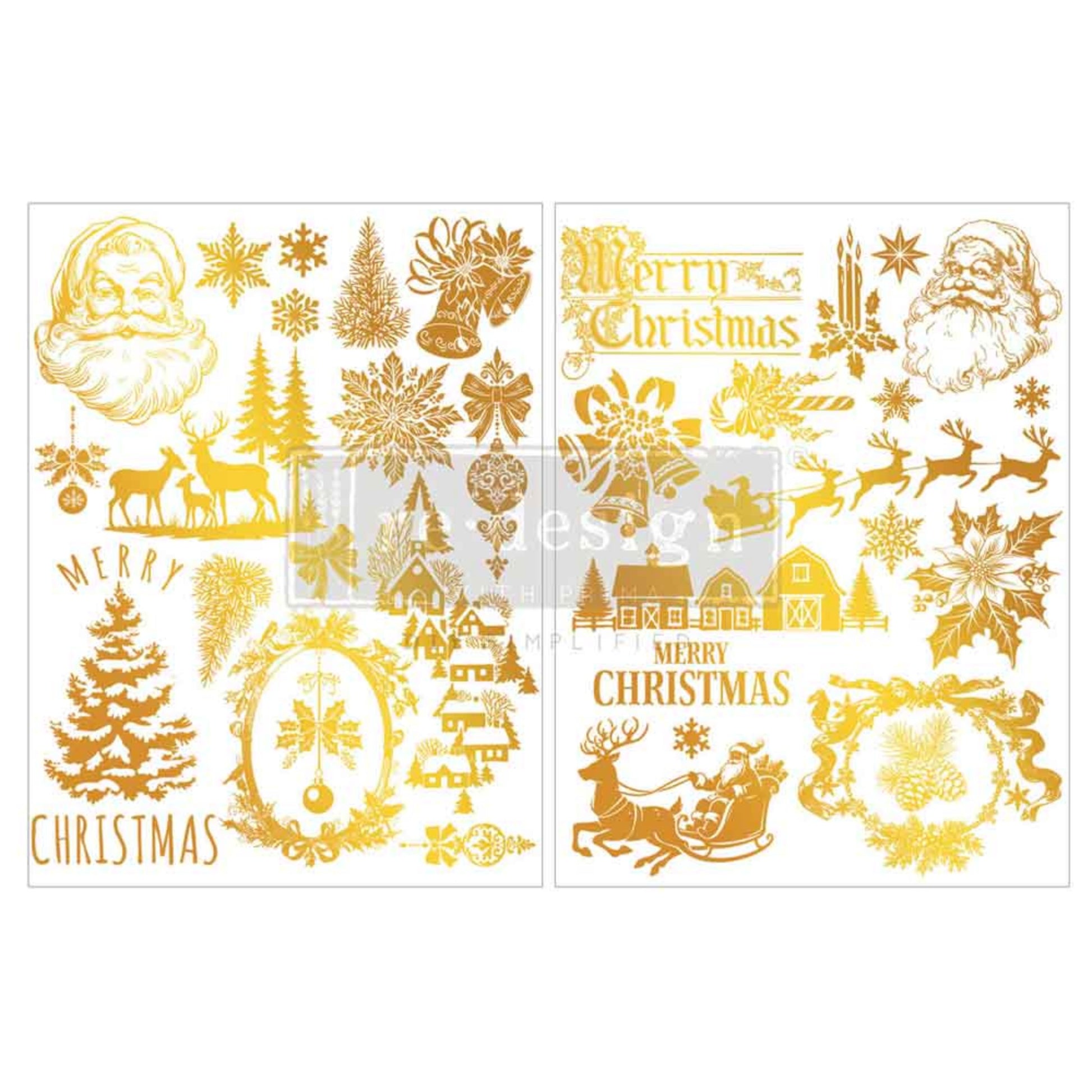 Holiday Heirloom Foil Middy Transfer by Kacha featuring gold Santa, reindeer, sleighs, bells, snowflakes, and Christmas designs