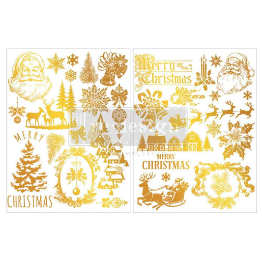 Holiday Heirloom Foil Middy Transfer by Kacha featuring gold Santa, reindeer, sleighs, bells, snowflakes, and Christmas designs
