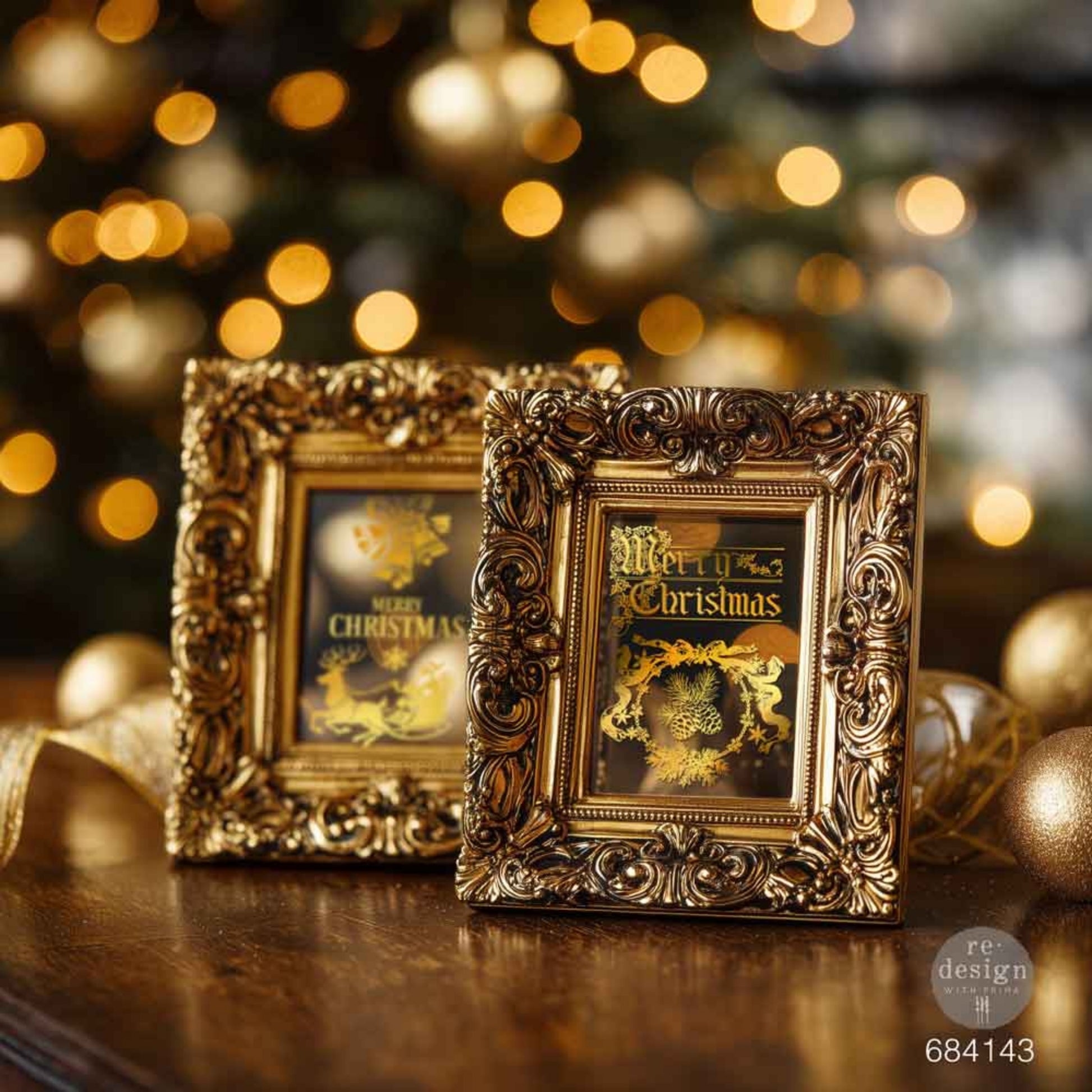 Holiday Heirloom gold foil transfers applied to mini picture frame for an elegant vintage Christmas look