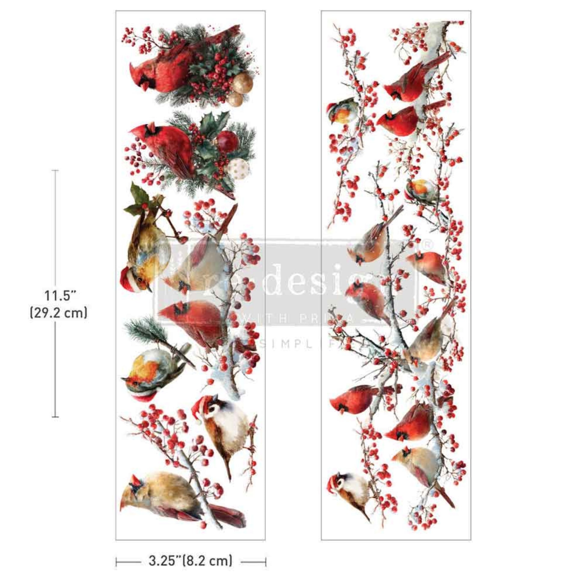 Hollywing Cardinal Luxe Transfer featuring cardinals and woodland birds among red berries, snowy branches, holly, and evergreen greenery