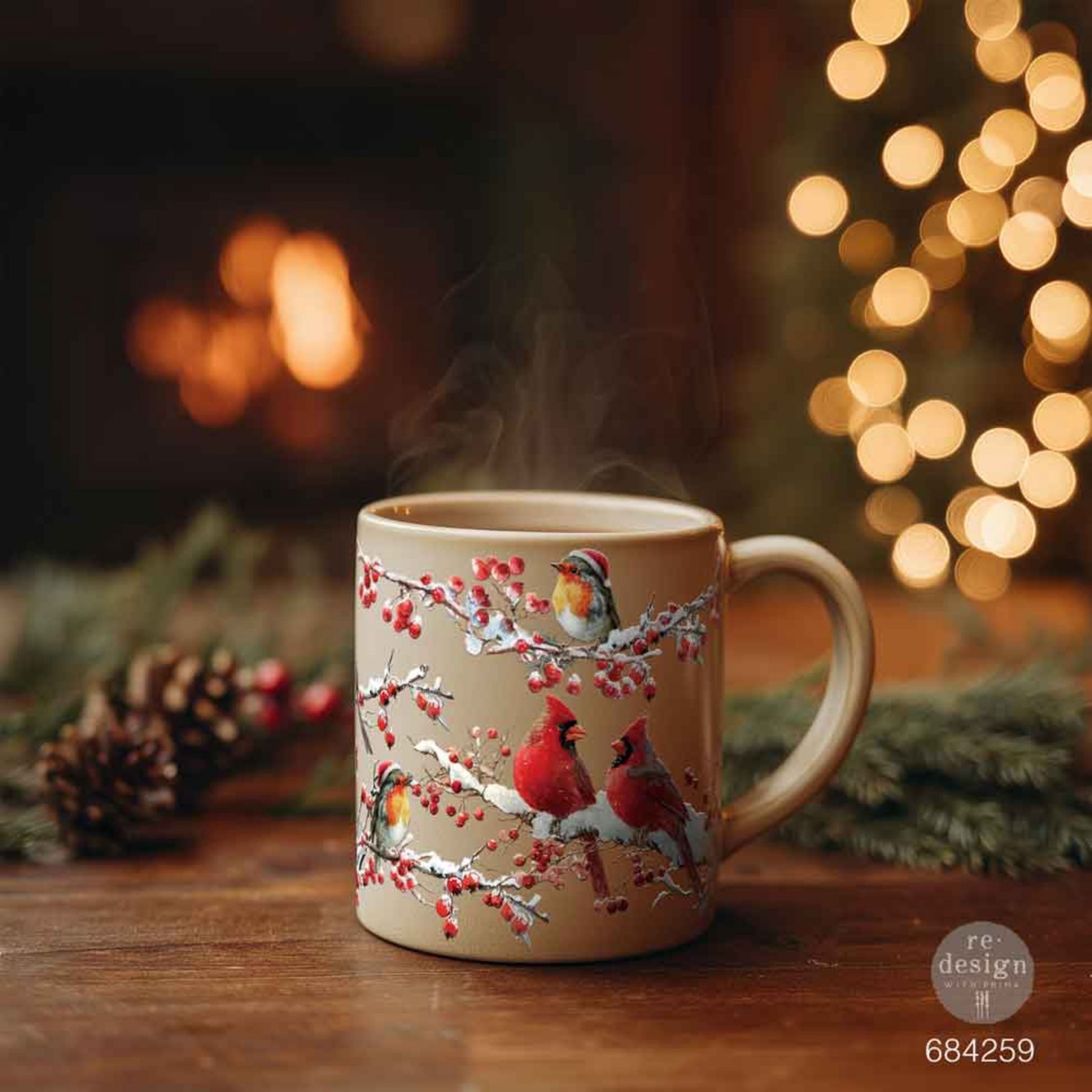 Hollywing Cardinal bird transfers applied to coffee mug for a festive winter woodland look