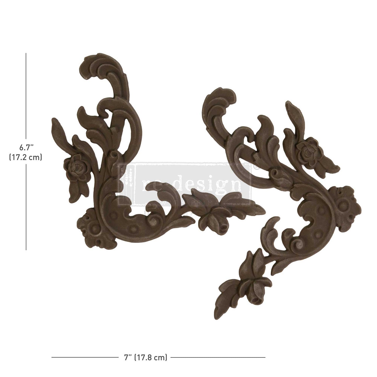 Intricate Grace Décor Poly® set featuring two ornate floral scroll appliqués, each approximately 7″ x 6.7″, shown in the natural brown finish with detailed dimensions.