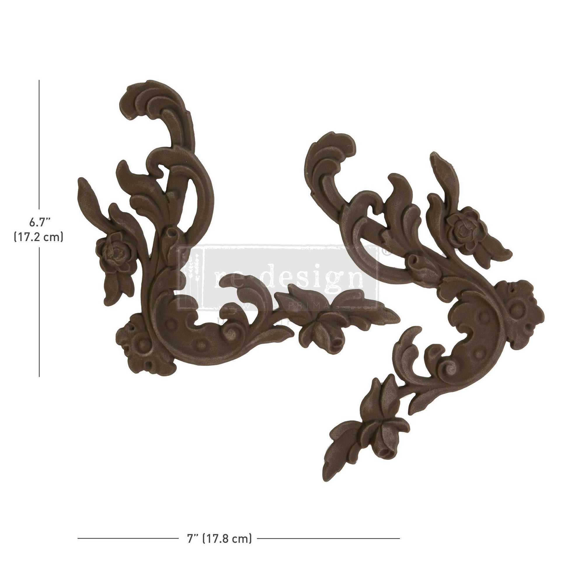 Intricate Grace Décor Poly® set featuring two ornate floral scroll appliqués, each approximately 7″ x 6.7″, shown in the natural brown finish with detailed dimensions.