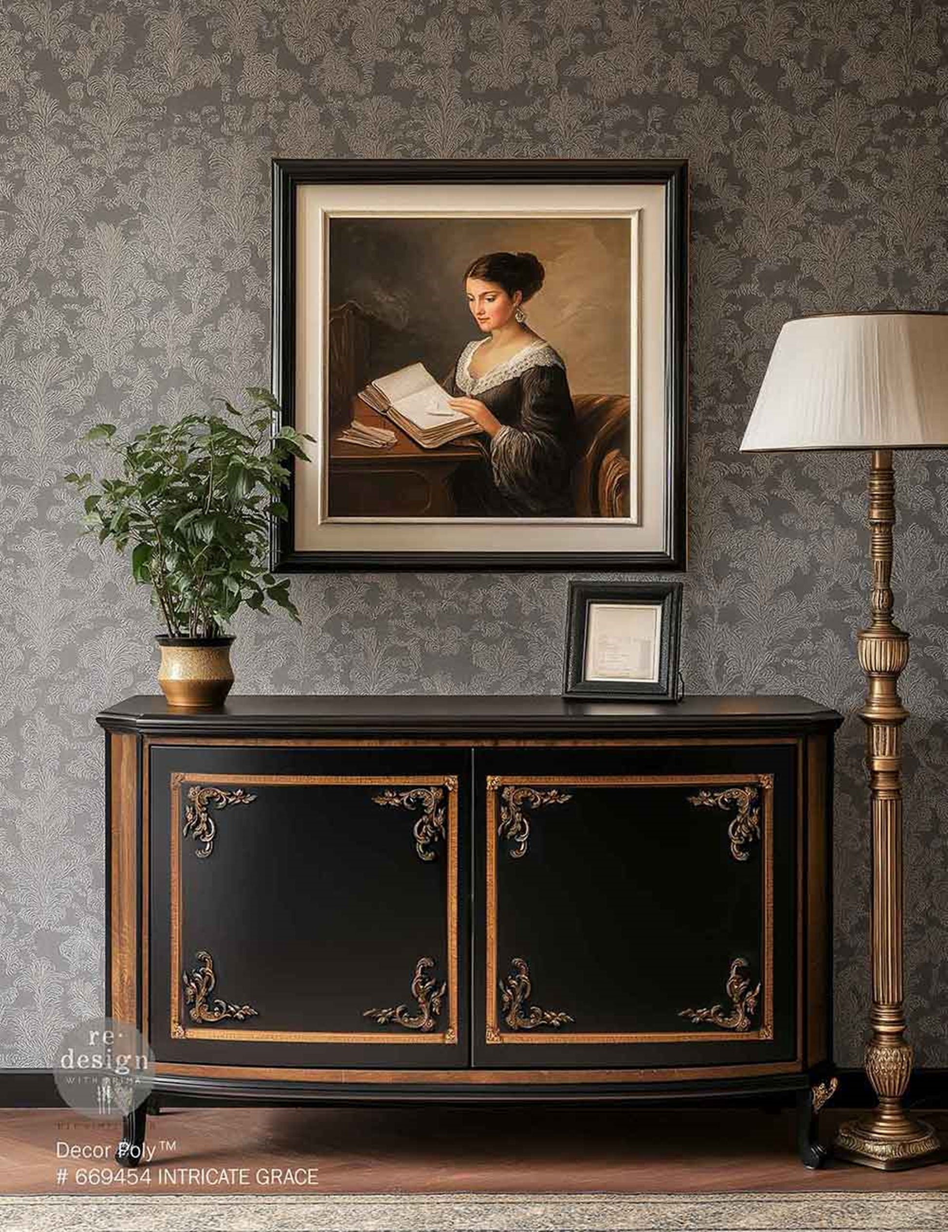 Intricate Grace Décor Poly® appliqués finished in antique gold and applied to the corners of a black cabinet, creating an elegant vintage furniture makeover with classic ornamental detail.