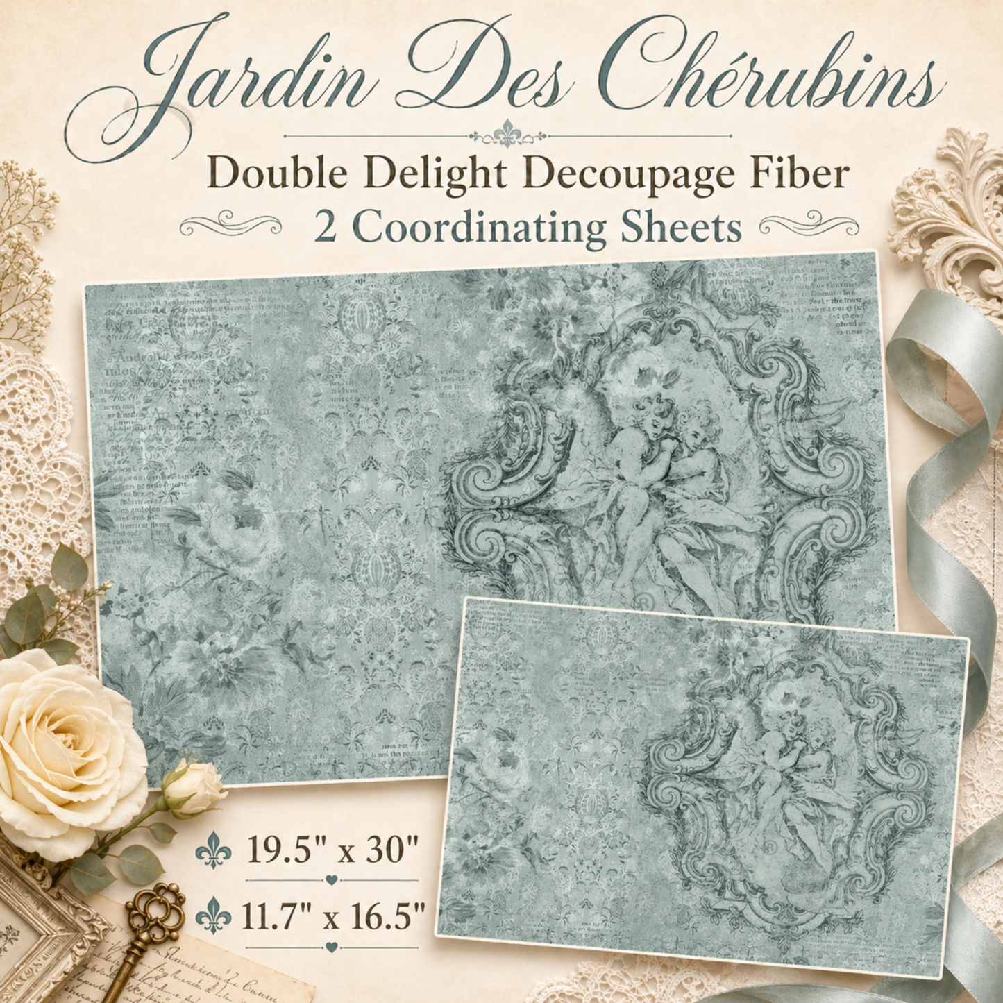 Jardin Des Chérubins Decoupage Fiber Paper Set with vintage cherubs and soft blue-green tones