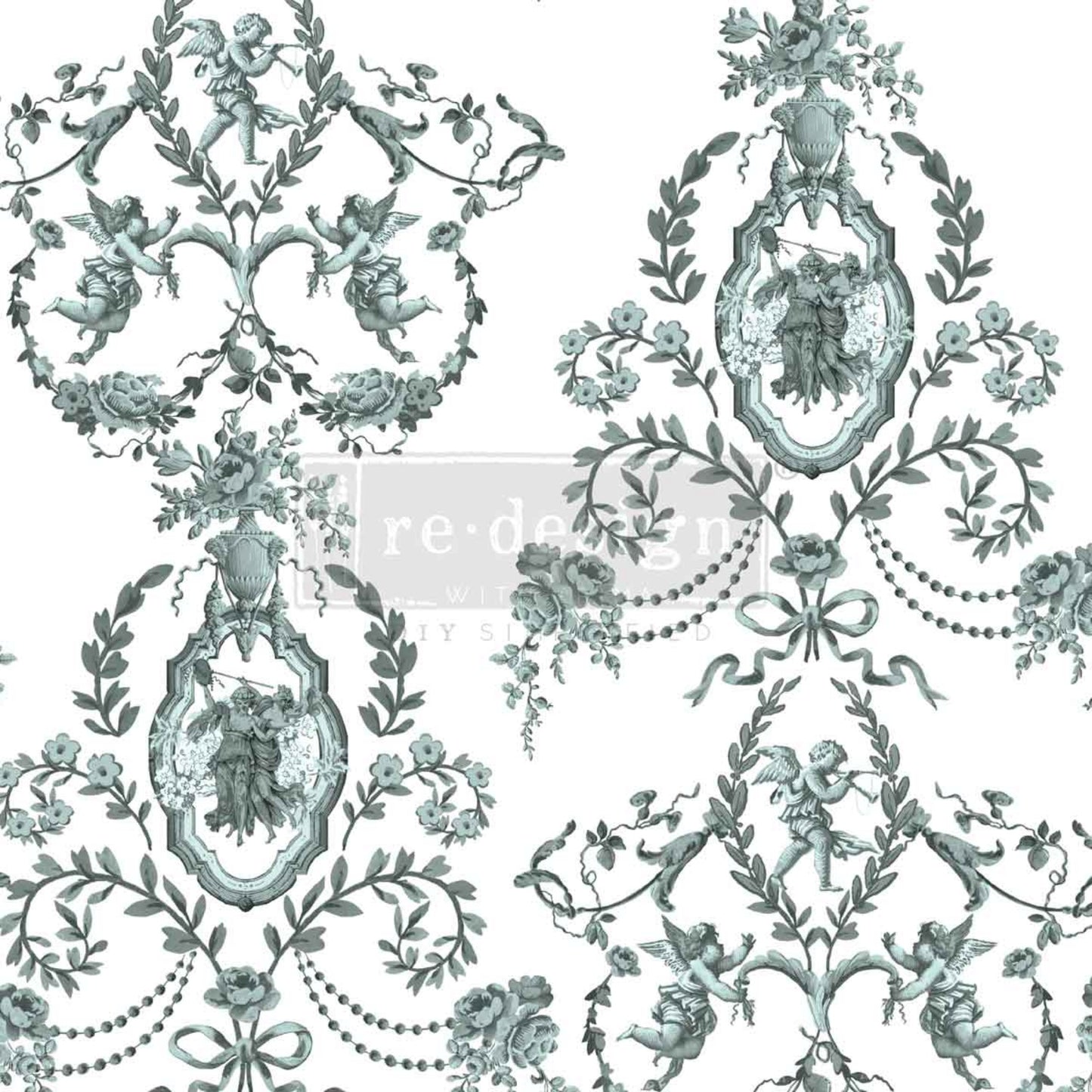 Jardin Secret Decor Transfer with cherubs, floral garlands, wreaths, and soft blue-green details