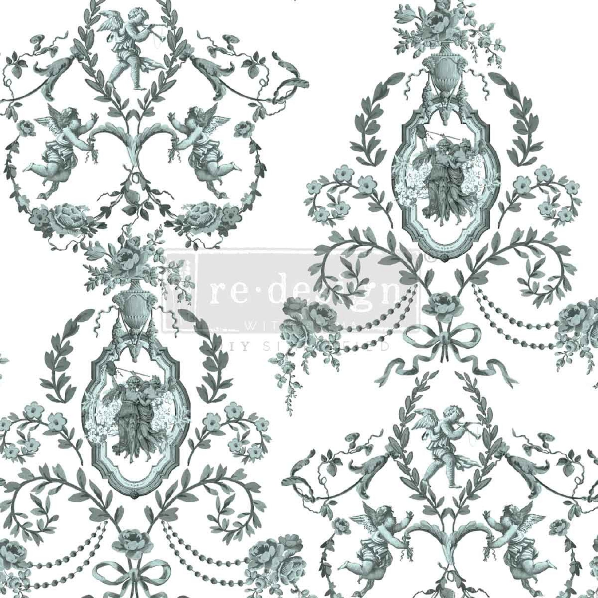 Jardin Secret Decor Transfer with cherubs, floral garlands, wreaths, and soft blue-green details