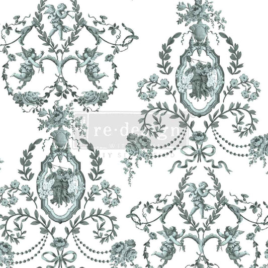 Jardin Secret Decor Transfer with cherubs, floral garlands, wreaths, and soft blue-green details