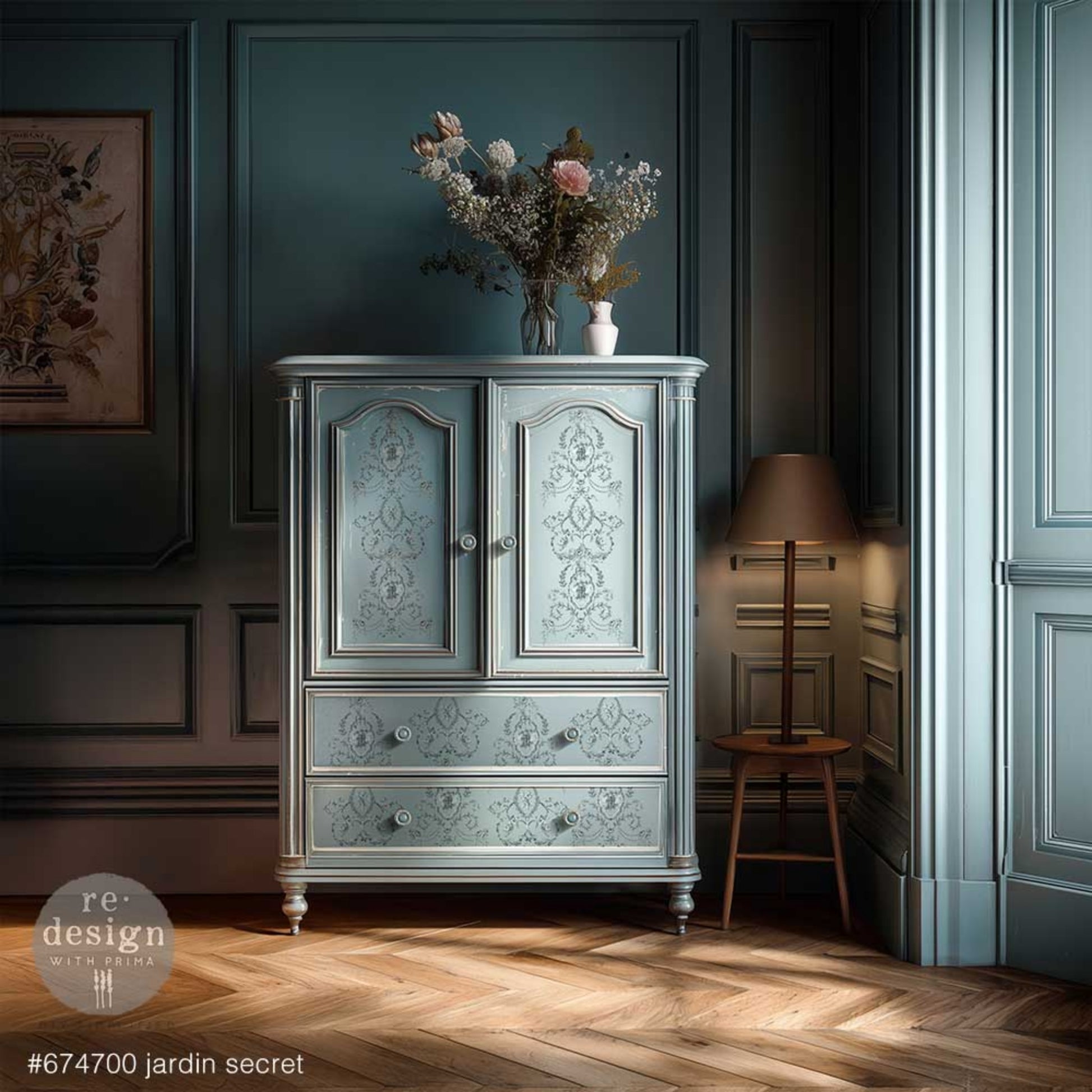 Jardin Secret rub on transfer with romantic cherubs, beaded garlands, and botanical accents on a cabinet