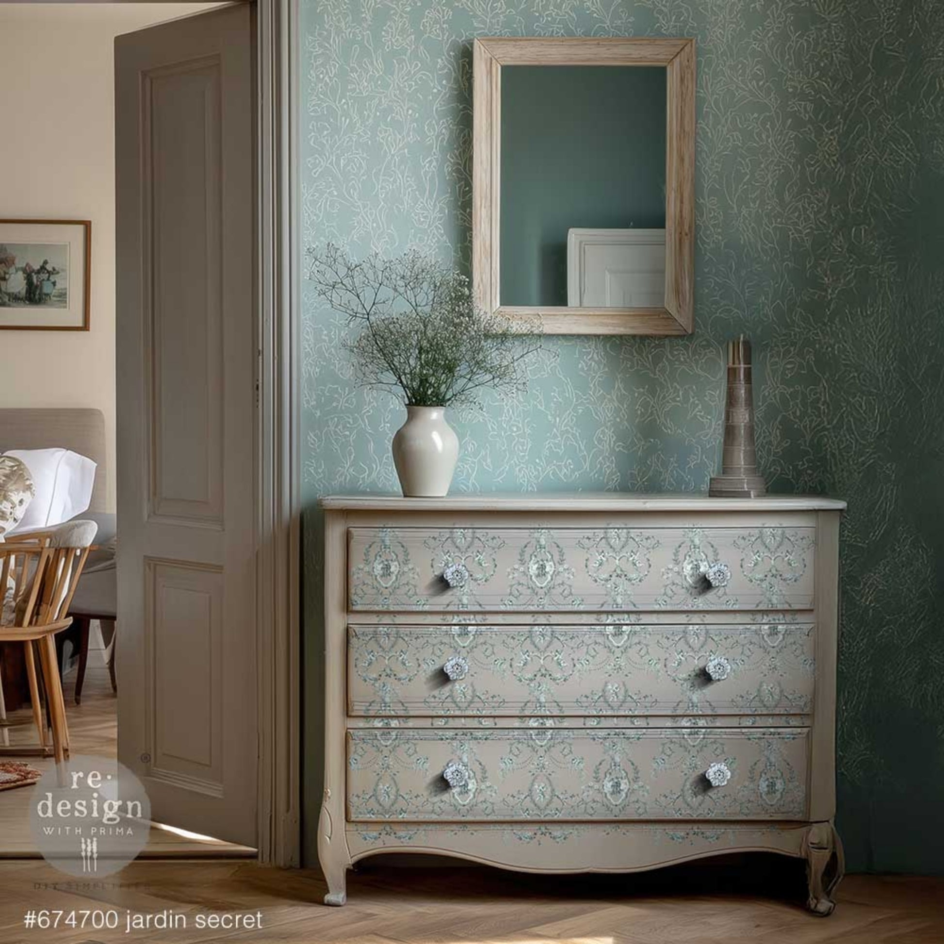 Redesign with Prima cherub transfer for furniture makeovers, cabinets, trays, and DIY decor on a cream dresser