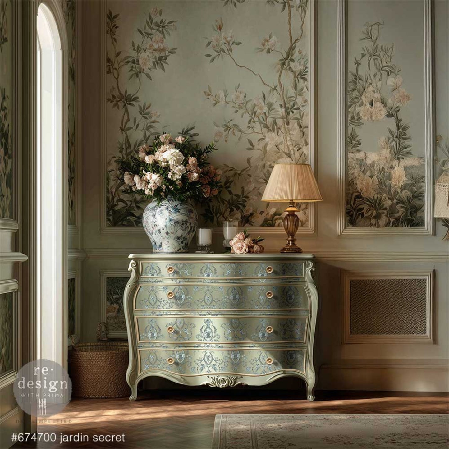 French vintage furniture transfer with cherubs, floral garlands, bows, and soft blue-green tones on a green dresser