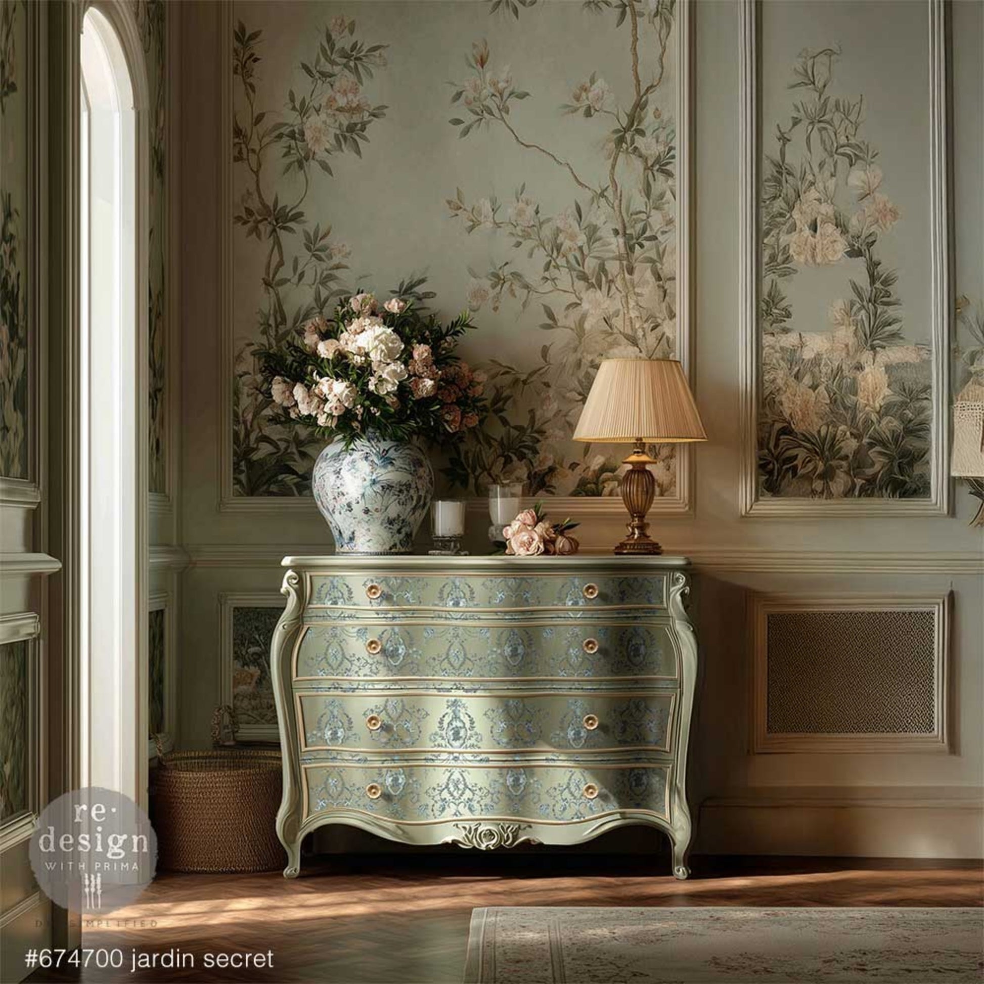 French vintage furniture transfer with cherubs, floral garlands, bows, and soft blue-green tones on a green dresser