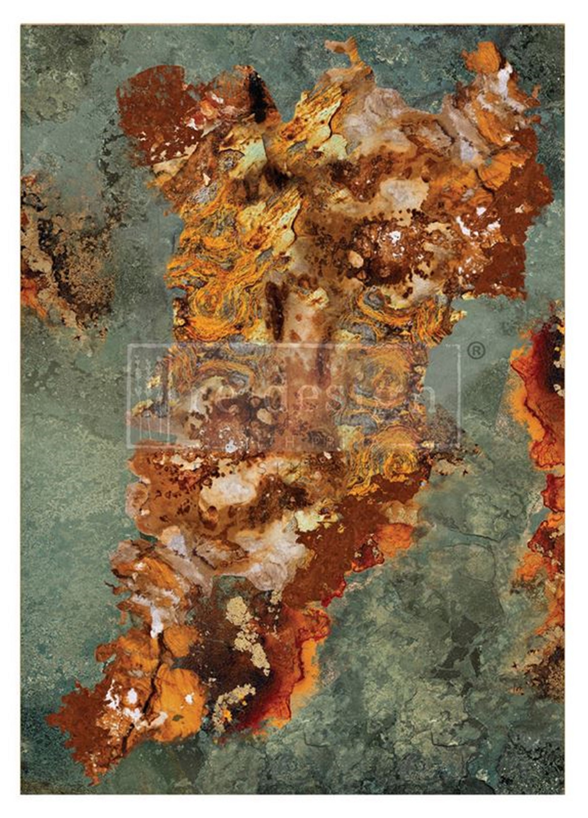 Marble Mirage A1 Decoupage Fiber Paper featuring an abstract marbled design in rust, copper, cream, and muted green tones by Redesign with Prima.