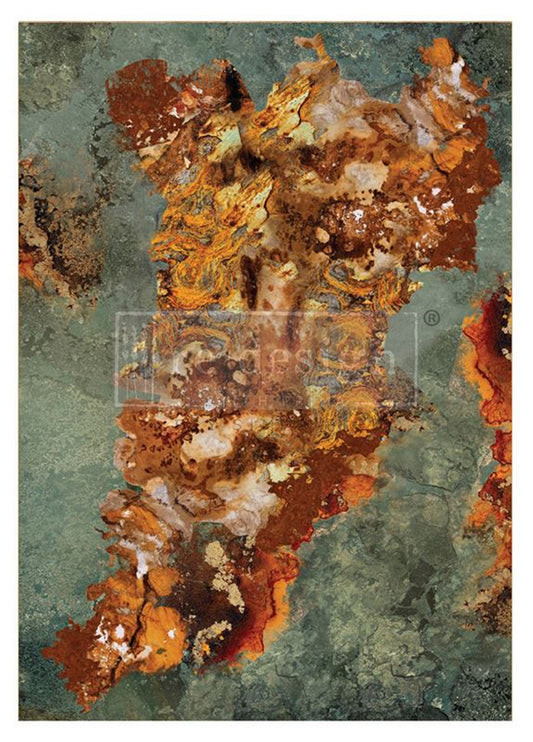 Marble Mirage A1 Decoupage Fiber Paper featuring an abstract marbled design in rust, copper, cream, and muted green tones by Redesign with Prima.