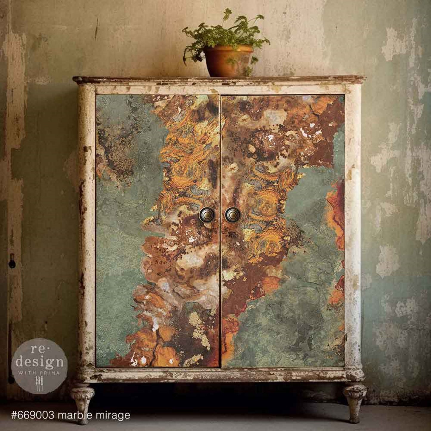 Vintage cabinet makeover featuring Marble Mirage decoupage fiber paper in muted green, rust, copper, and earthy brown tones.