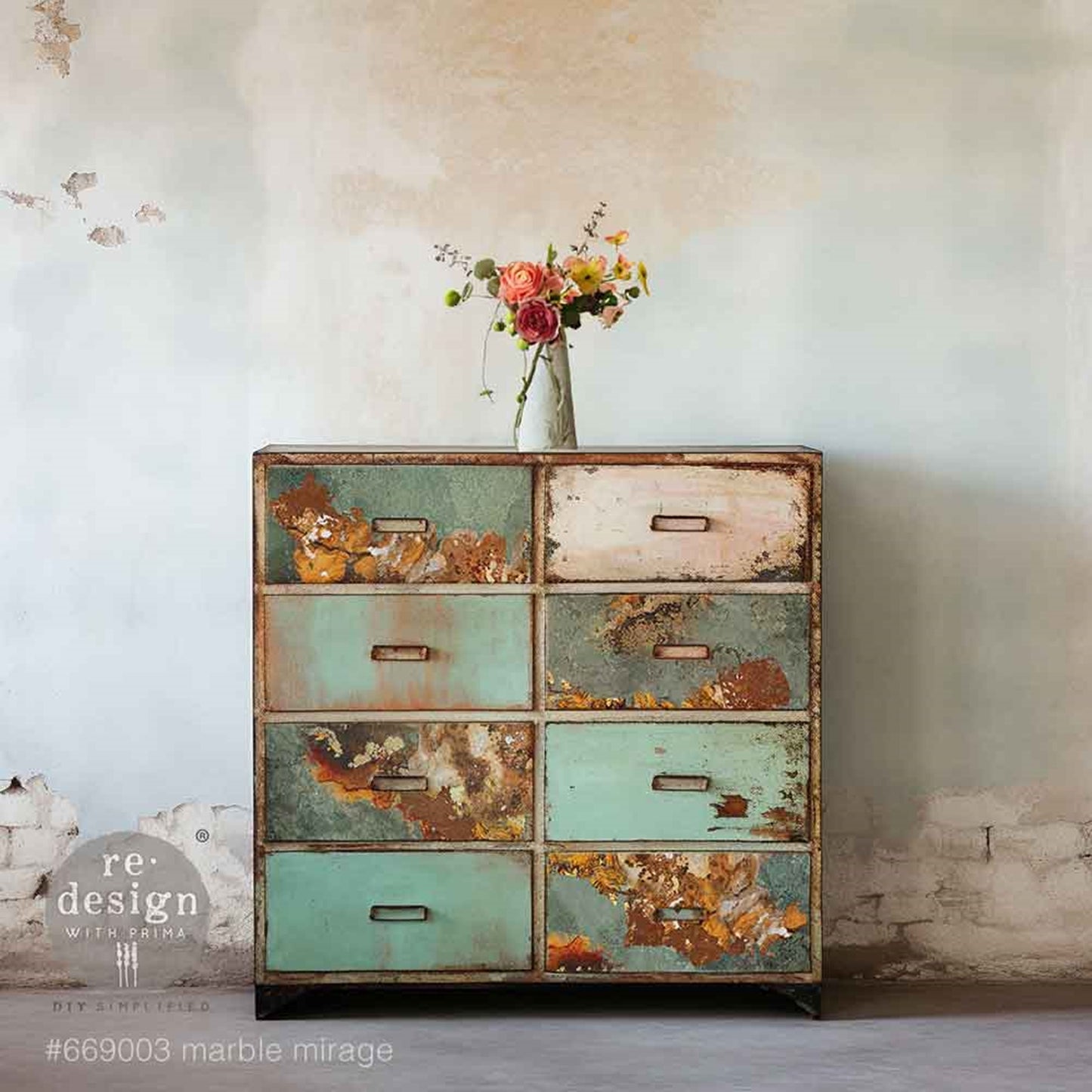 Industrial-style drawer cabinet decorated with Marble Mirage decoupage fiber paper in distressed green, rust, and copper tones.