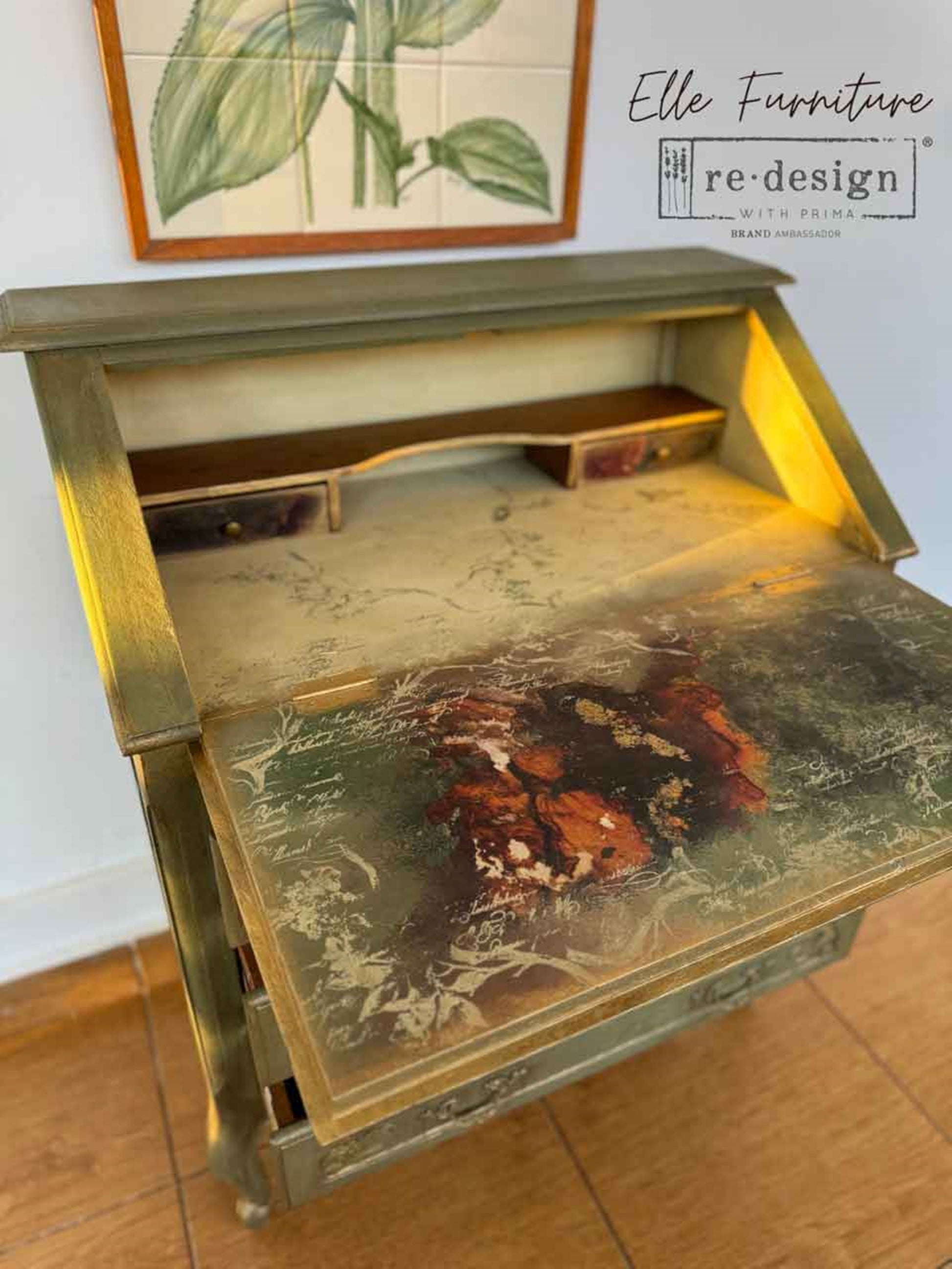 Vintage secretary desk makeover featuring Marble Mirage decoupage fiber paper with layered rust, copper, green, and aged botanical details.