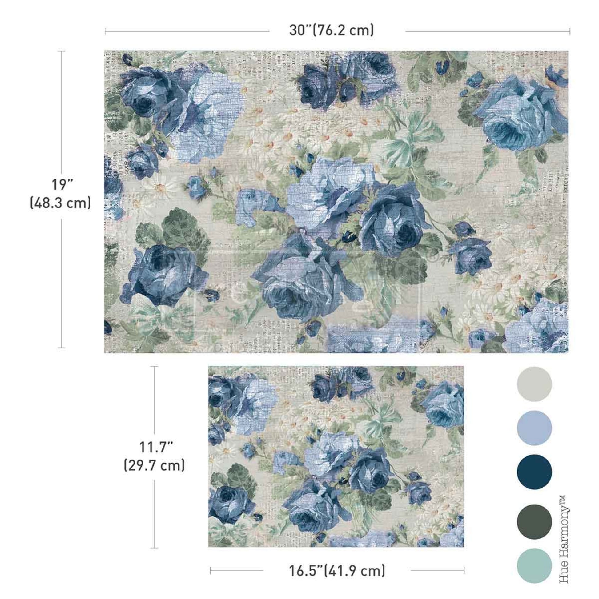 Meadow Melodies decoupage fiber paper with blue rose floral vintage design
