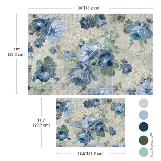 Meadow Melodies decoupage fiber paper with blue rose floral vintage design