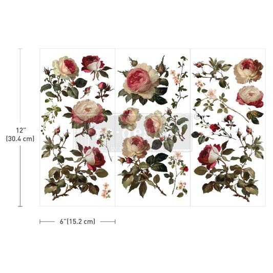 Midnight Rose Small Décor Transfer with vintage red, blush, and cream rose designs on three 6x12 transfer sheets