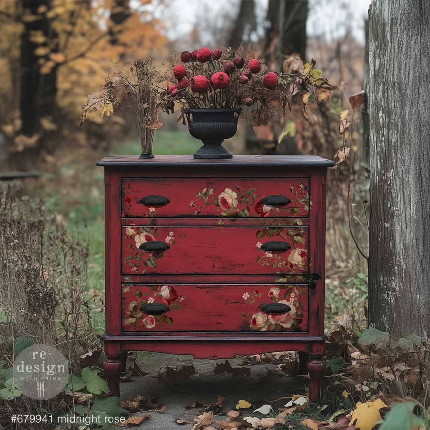 Vintage floral rub-on transfer featuring romantic rose blooms, leafy stems, and botanical accents for furniture and crafts shown on dresser