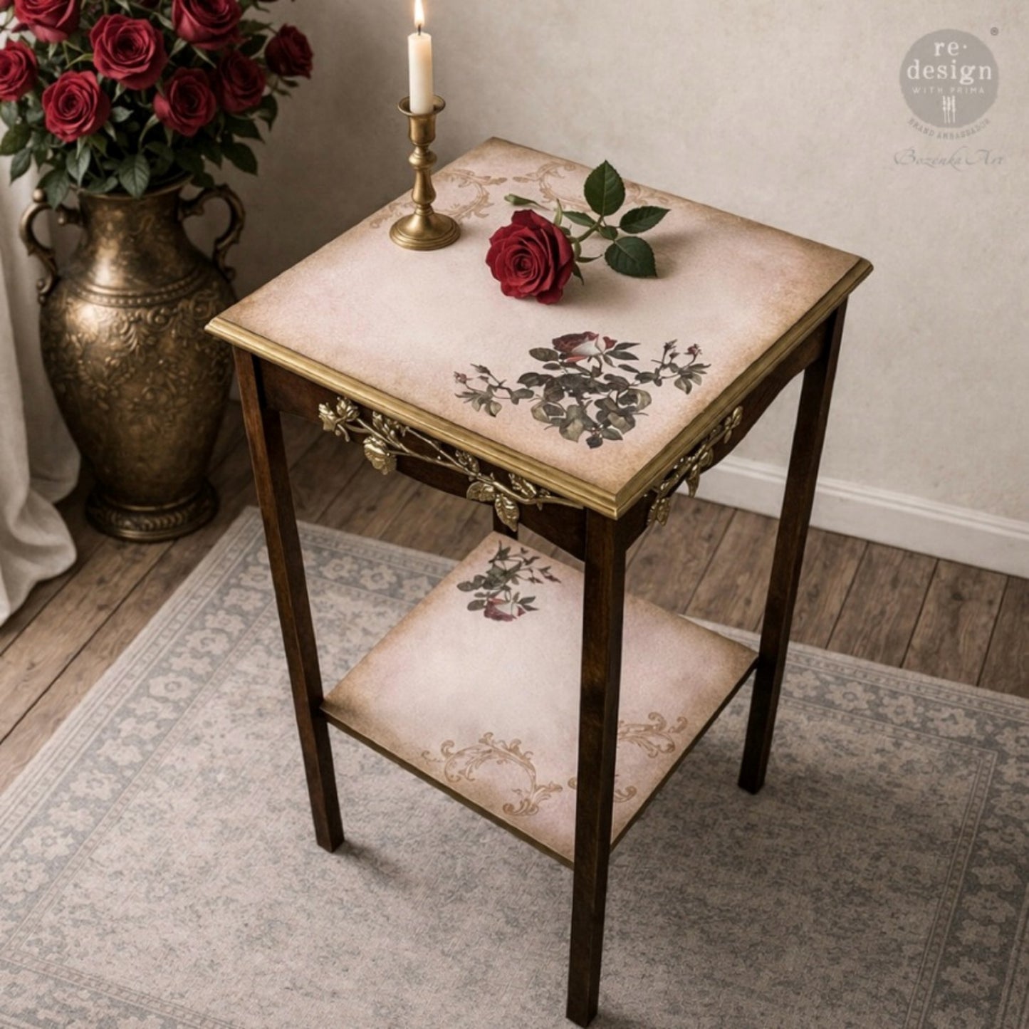Red and cream rose rub-on transfer shown on painted furniture with vintage botanical style for French country and shabby chic décor