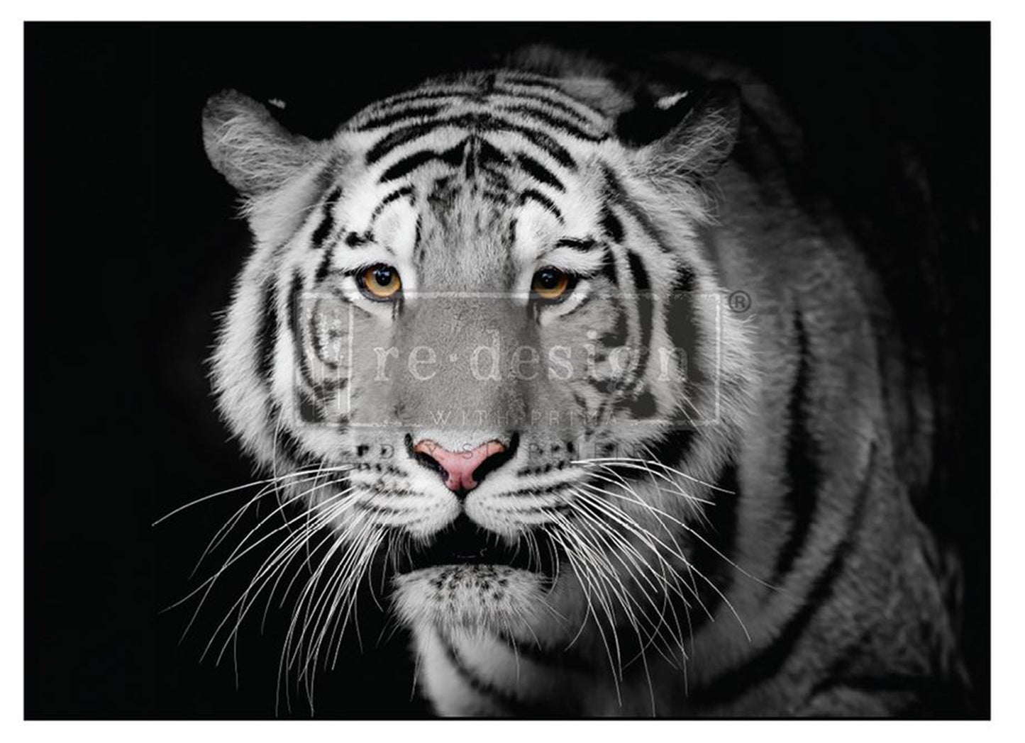 Monochrome Majesty A1 Decoupage Fiber Paper featuring a dramatic white tiger with golden eyes on a dark background by Redesign with Prima.