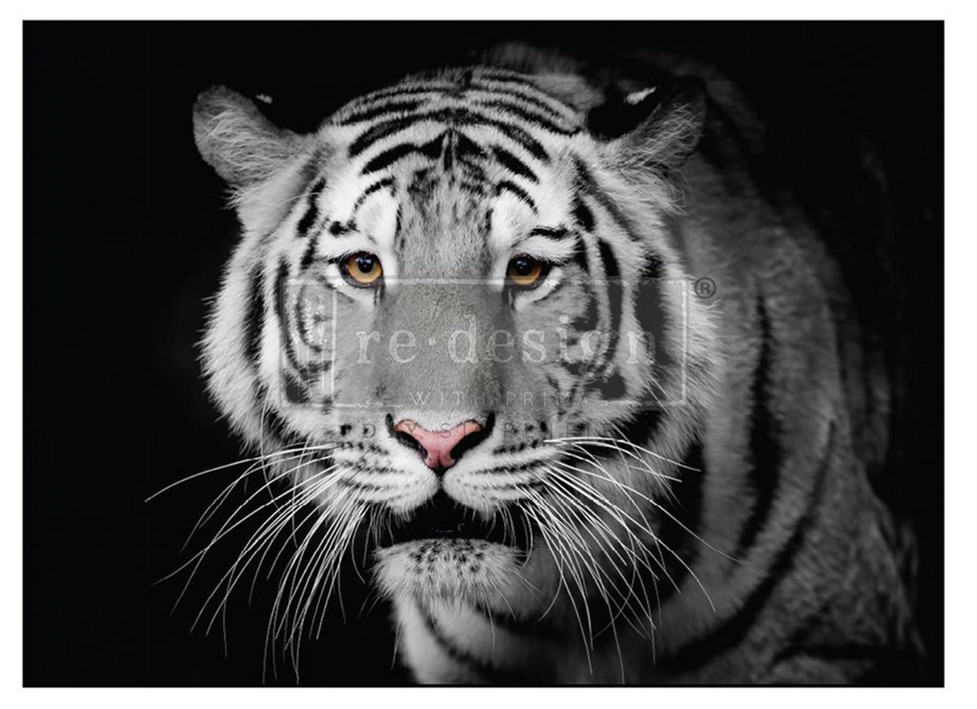 Monochrome Majesty A1 Decoupage Fiber Paper featuring a dramatic white tiger with golden eyes on a dark background by Redesign with Prima.