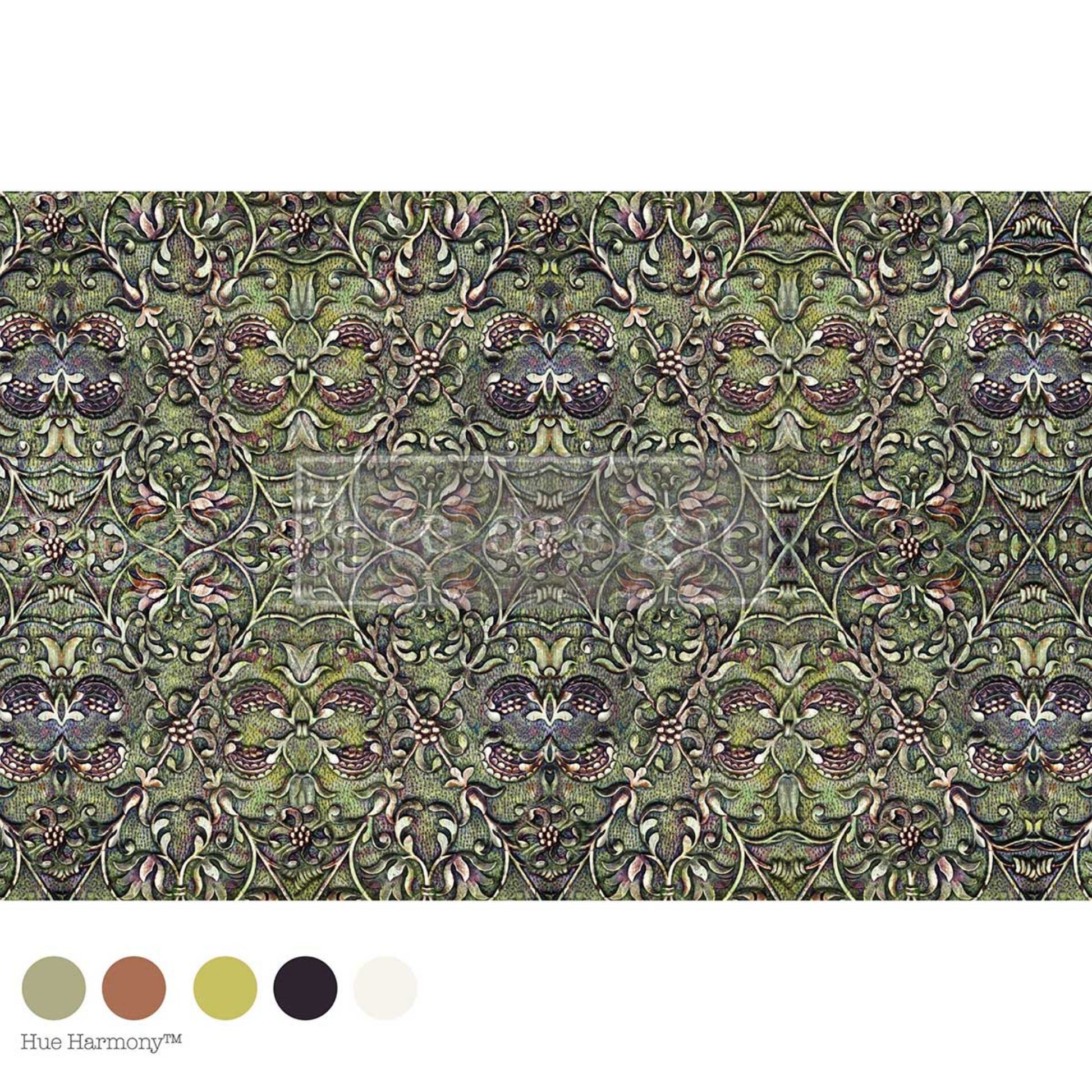 Moss-Bound Symmetry Decoupage Décor Fiber featuring an ornate repeating botanical pattern in moss green, muted gold, plum, and rust tones with a rich vintage old-world look.